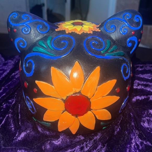 Hand Painted Ceramic Cat Head Dia De Los Muertos Sugar Skull - Picture 3 of 5